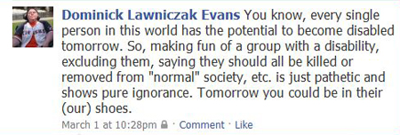 Facebook Message, Dominick Evans, March 1, 2010