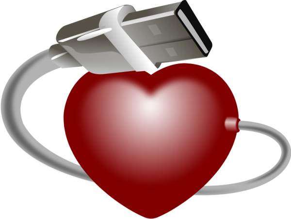 Illustration of a red heart with a USB cable connected to it.