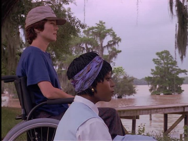 Mary McDonnell sits in a wheelchair looking out at the water, with Alfre Woodard sitting on the ground next to her, in Passion Fish
