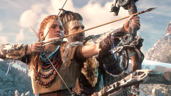 Aloy  is aiming  her bow  in Horizon Zero Dawn