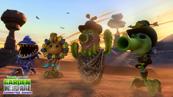 A wild west dressed cactus, chomper and pee shooter, face off to unseen enemies, with a sunflower dressed like Cleopatra.