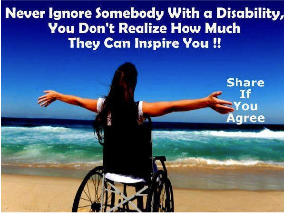 This inspiration porn filled  meme  shows a woman in a wheelchair with her arms out like wings. Her back is to the camera, as she looks out at the ocean, waves crashing on the beach.  The words, 