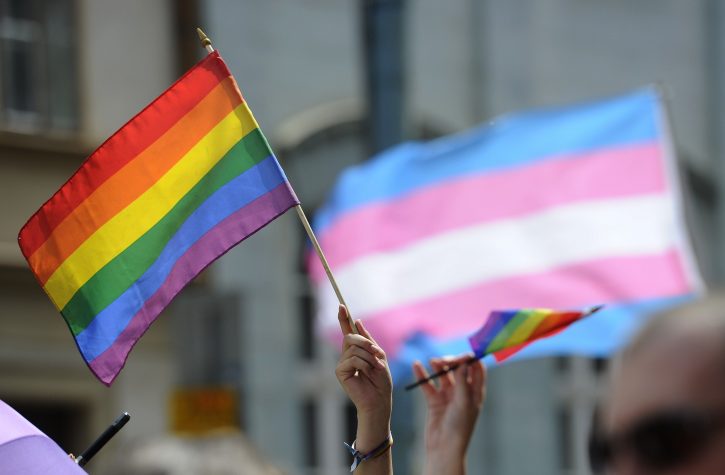 Outdoors, at what looks to be a pride celebration,  hands are raised in the air, some holding onto small rainbow flags, -which are billowing in the breeze. In the background is a large transgender flag waving with a building behind it.
